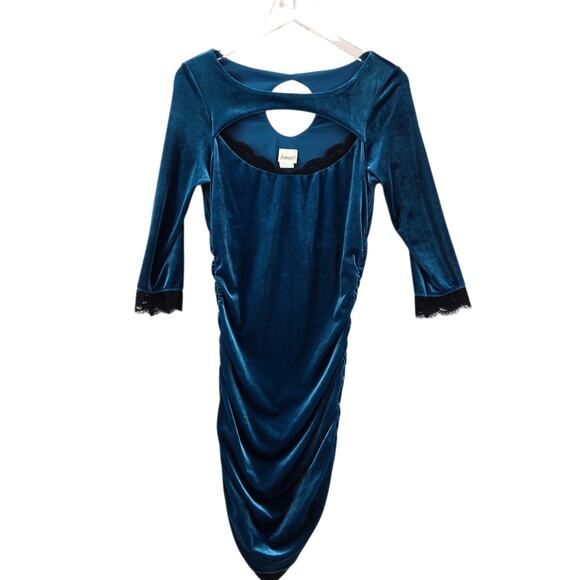 Vintage Frederick's Of Hollywood Bodycon Dress Peacock Blue Stretch Velvet Lace - Picture 6 of 11